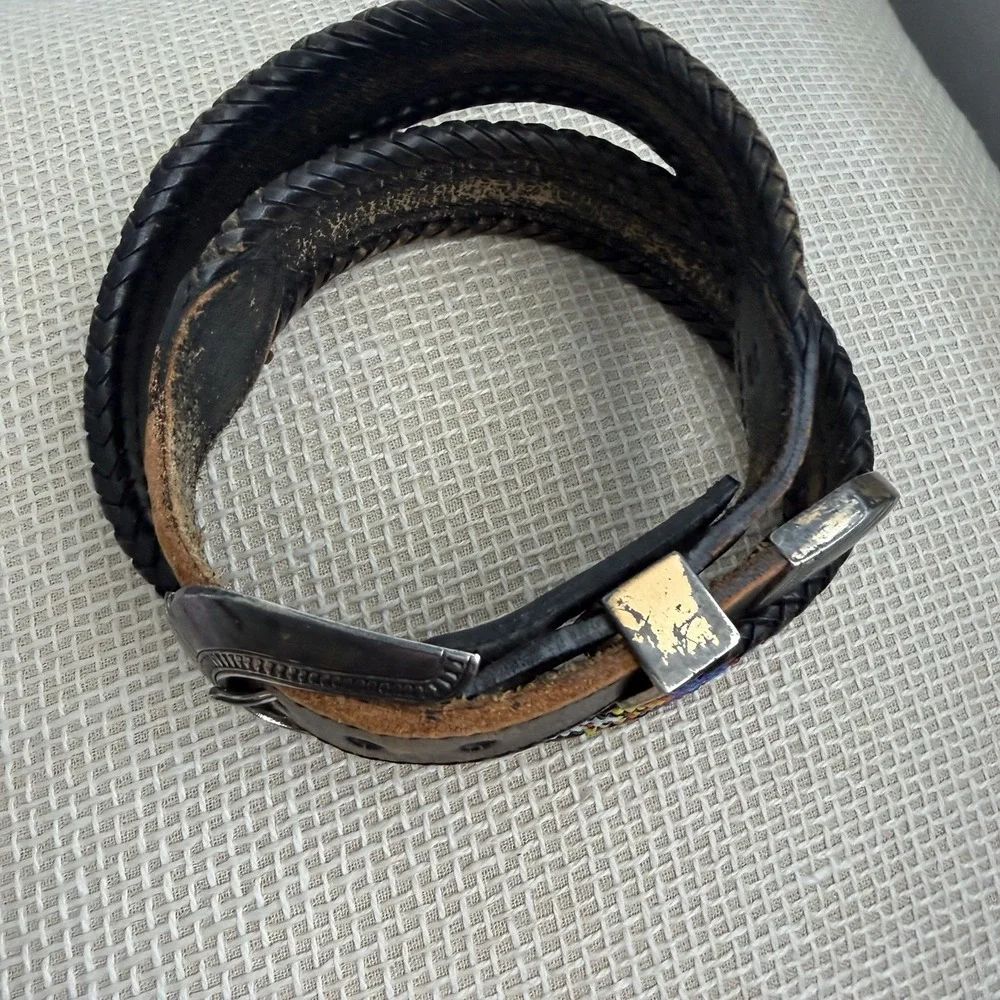 VTG Beaded Leather Belt Size 30 Southwestern Aztec Silver Buckle Country Western